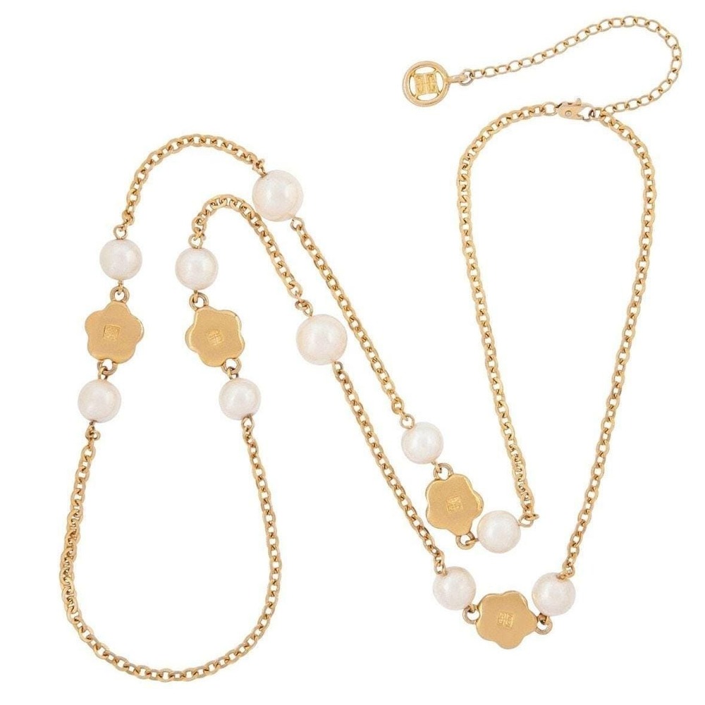 Givenchy Gold Tone Faux Pearl Flower Station Necklace 40 Inch Long Logo Charms - Picture 4 of 13